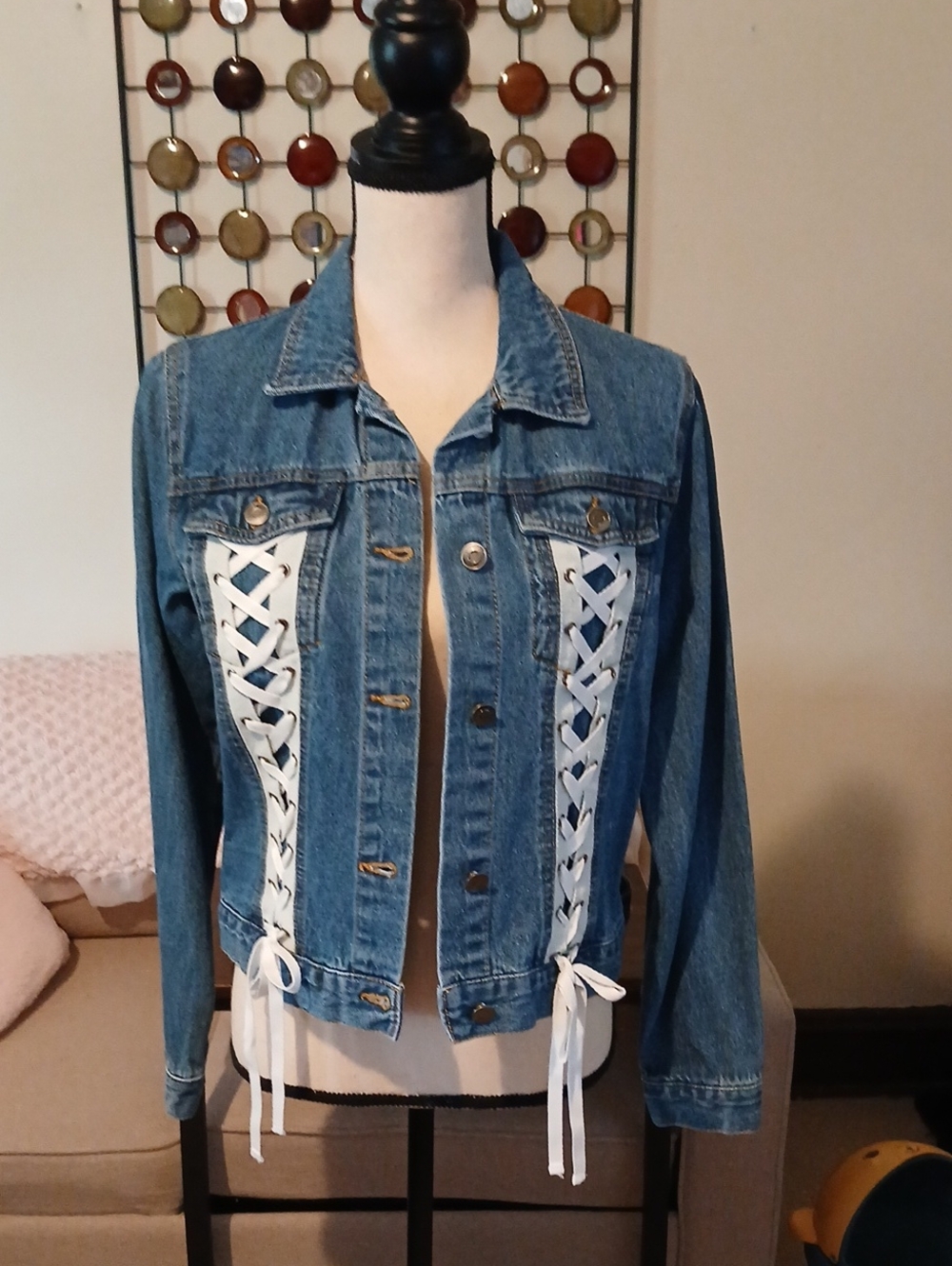 Love Tree Blue Denim Jacket with White Lace-Up Panels